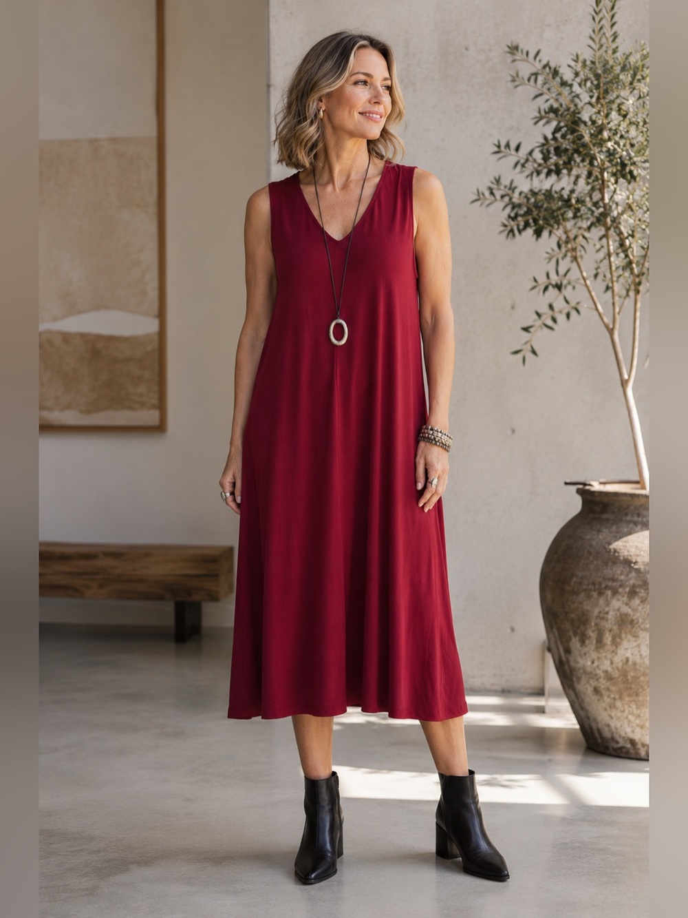 Eileen Fisher Rust Red V Neck Midi Dress Lagenlook XXS runs big